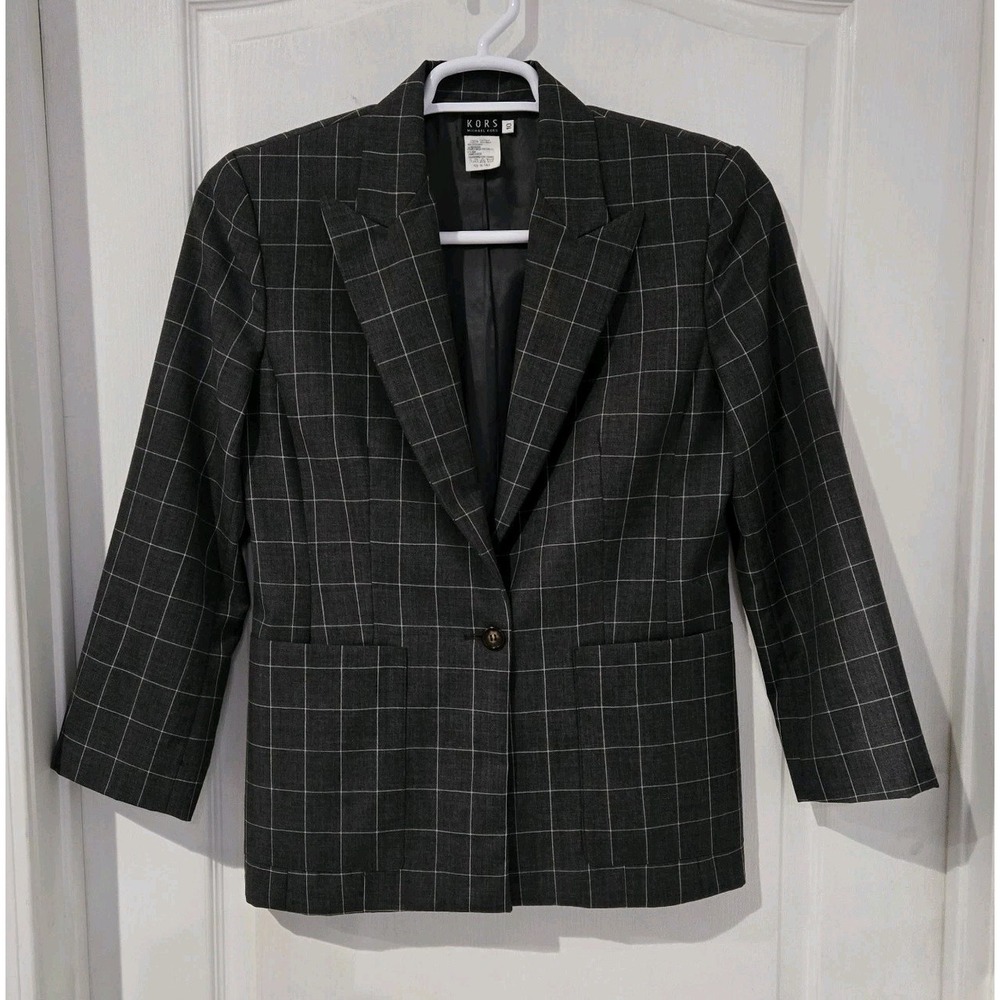Womens VTG Kors Michael Kors Made Italy Wool Windowpane Blazer Sz 10 Charcoal
